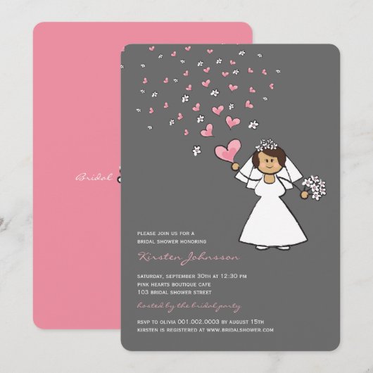 Cartoon Bride Pink Hearts Flowers Vrijgezellenfees Kaart (Voorkant / Achterkant)