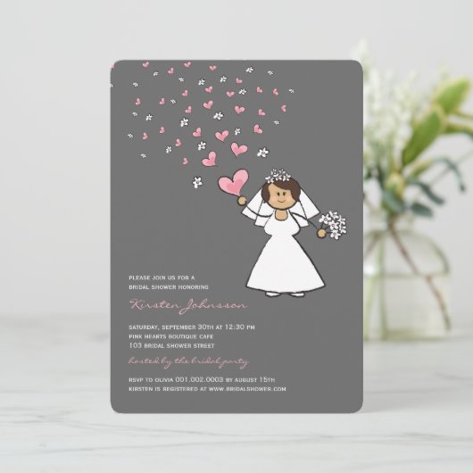 Cartoon Bride Pink Hearts Flowers Vrijgezellenfees Kaart (Staand voorkant)