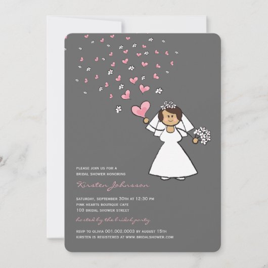 Cartoon Bride Pink Hearts Flowers Vrijgezellenfees Kaart (Voorkant)