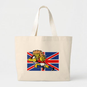 Cartoon British Lion rugby die onder de vlag van h Grote Tote Bag