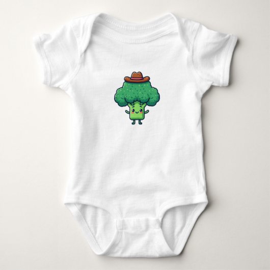 Cartoon broccoli met een bruin cowboy pet romper (Voorkant)