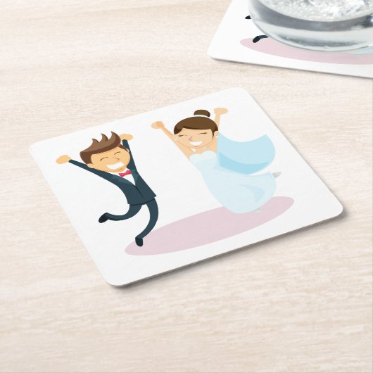 Cartoon bruid & bruidegom bruiloft kartonnen onderzetters (Schuin)