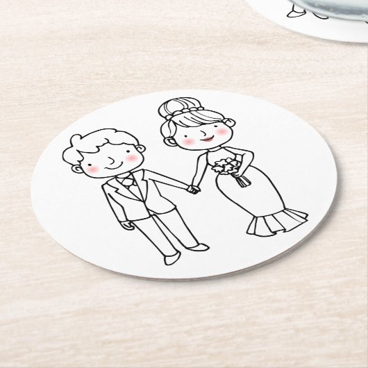 Cartoon bruid bruidegom dank u grillige bruiloft ronde kartonnen onderzetter (Gebogen)