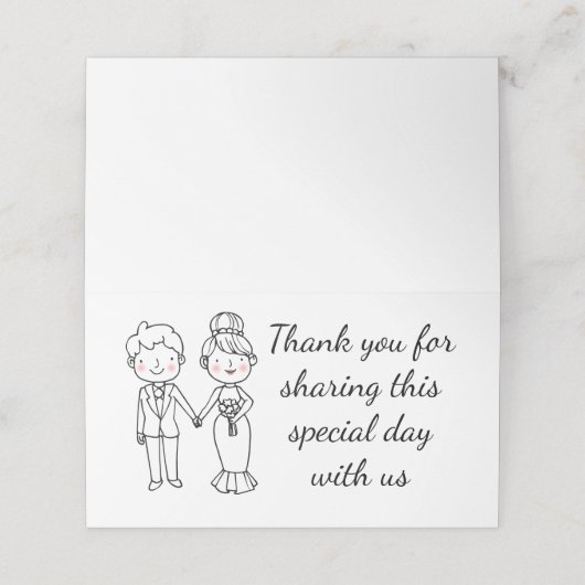 Cartoon bruid bruidegom dank u zwart wit bruiloft plaatskaartje (Buitenkant ongevouwen)