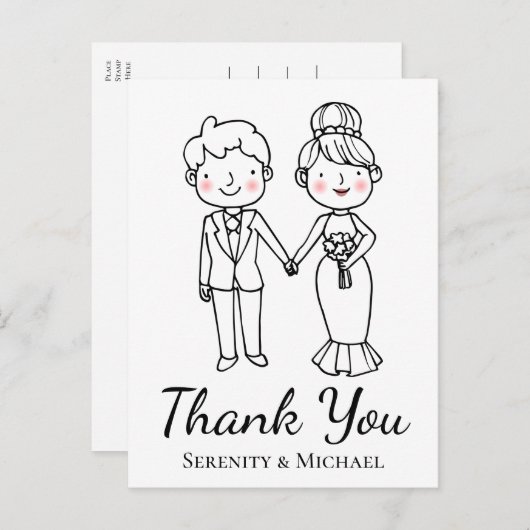 Cartoon bruid bruidegom grillige bruiloft dank u briefkaart (Voorkant / Achterkant)