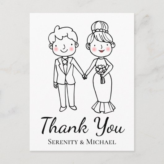 Cartoon bruid bruidegom grillige bruiloft dank u briefkaart (Voorkant)