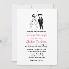 Cartoon bruid bruidegom roze zwart vintage bruilof kaart