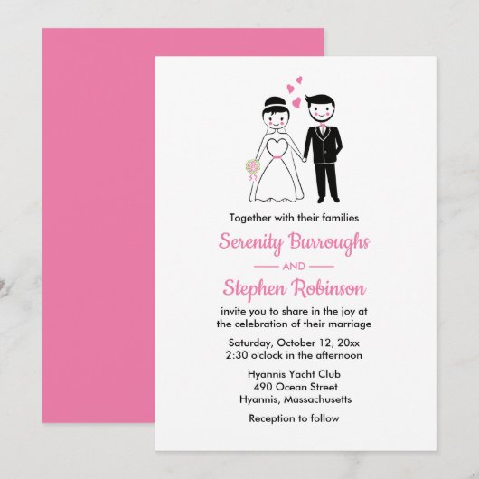 Cartoon bruid bruidegom roze zwart vintage bruilof kaart (Voorkant / Achterkant)