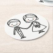 Cartoon bruid & bruidegom zwart en wit bruiloft ronde kartonnen onderzetter (Gebogen)