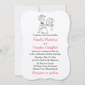 Cartoon bruid & bruidegom zwart, wit & rood bruilo kaart (Voorkant)