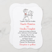 Cartoon bruid & bruidegom zwart, wit & rood bruilo kaart (Voorkant / Achterkant)