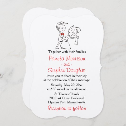 Cartoon bruid & bruidegom zwart, wit & rood bruilo kaart (Voorkant / Achterkant)