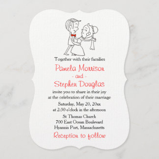 Cartoon bruid & bruidegom zwart, wit & rood bruilo kaart