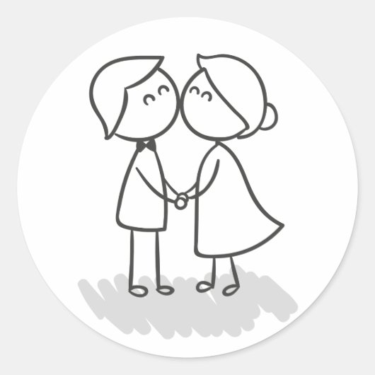 Cartoon bruid en bruidegom zwart & wit bruiloft li ronde sticker (Voorkant)