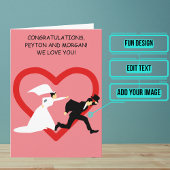 Cartoon bruidegom ontsnapt trouwdag gefeliciteerd kaart