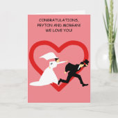 Cartoon bruidegom ontsnapt trouwdag gefeliciteerd kaart (Voorkant)