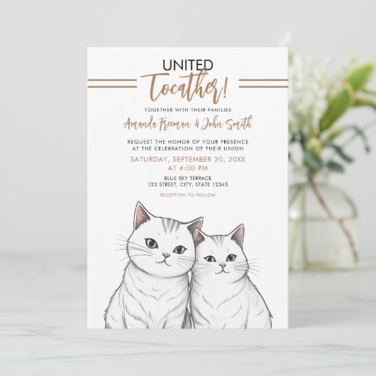 Cartoon Bruin en Wit Schattige Katten Bruiloft Kaart (Staand voorkant)