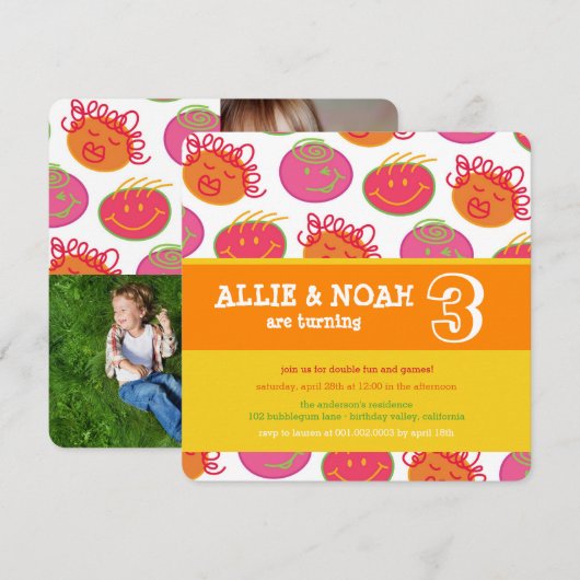 Cartoon Bubblegum Gezicht Twins Verjaardag Foto ui Kaart (Voorkant / Achterkant)