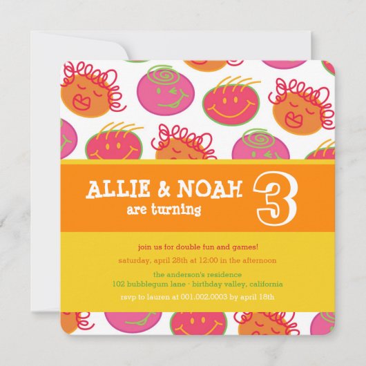 Cartoon Bubblegum Gezicht Twins Verjaardag Foto ui Kaart (Voorkant)