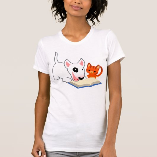 Cartoon Bullie en Kat met Book Women T-Shirt (Voorkant)