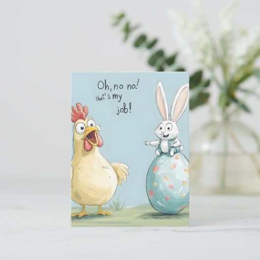 Cartoon Bunny Chick Egg Easter Fun Feestdagenkaart (Staand voorkant)