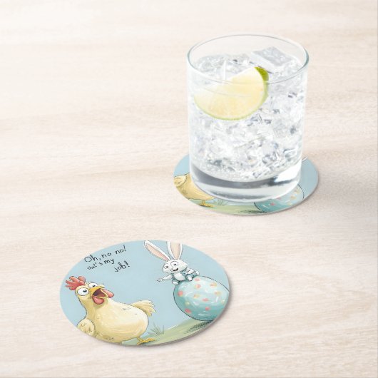 Cartoon Bunny Chick Egg Easter Fun Ronde Kartonnen Onderzetter (Insitu)