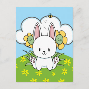 Cartoon Bunny Rabbit en Happy Flowers Briefkaart