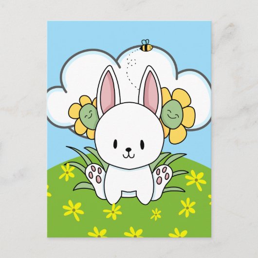 Cartoon Bunny Rabbit en Happy Flowers Briefkaart (Voorkant)