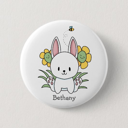 Cartoon Bunny Rabbit met grappige bloemen Ronde Button 5,7 Cm (Voorkant)
