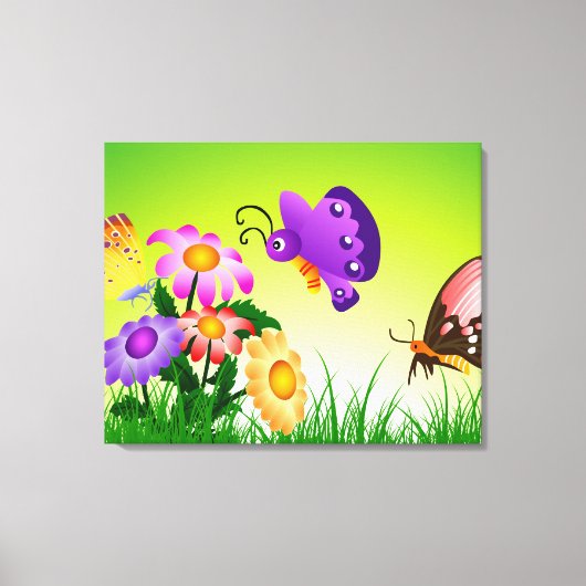 Cartoon Butterflies op Flowers Canvas Afdruk (Voorkant)