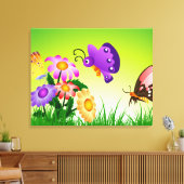 Cartoon Butterflies op Flowers Canvas Afdruk (Insitu (Woonkamer))