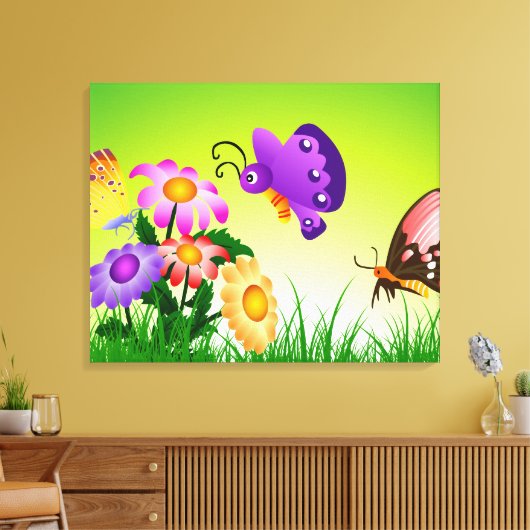 Cartoon Butterflies op Flowers Canvas Afdruk (Insitu (Woonkamer))