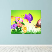 Cartoon Butterflies op Flowers Canvas Afdruk (Insitu (Houten vloer))