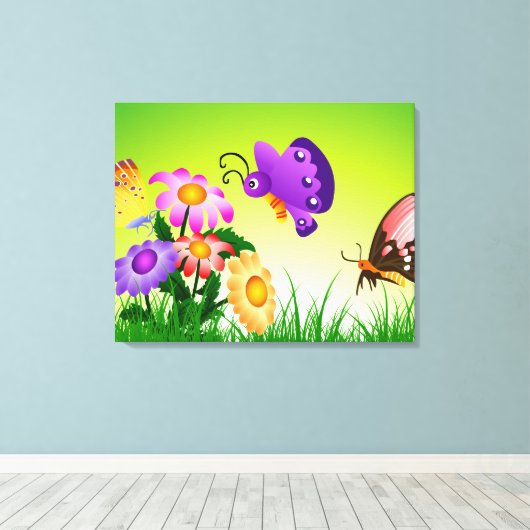 Cartoon Butterflies op Flowers Canvas Afdruk (Insitu (Houten vloer))