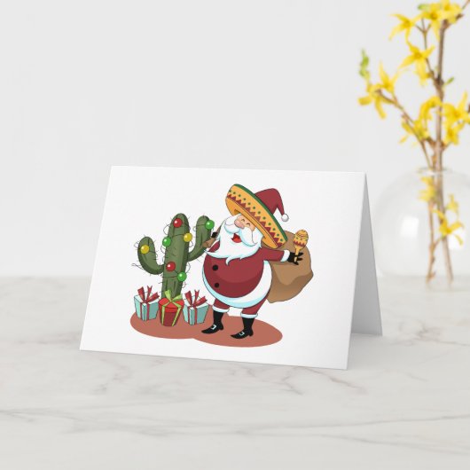 Cartoon cactus and Santa Claus wearing a sombrero Kaart (Gele Bloem)