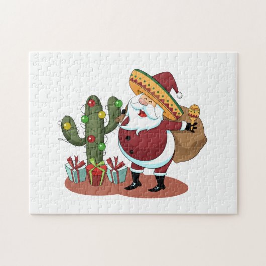 Cartoon cactus en kerstman met een sombrero legpuzzel (Horizontaal)
