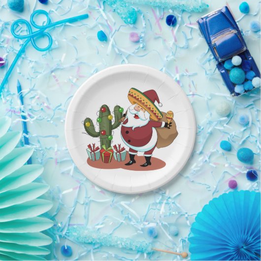 Cartoon cactus en kerstman met een sombrero papieren bordje (Feest)