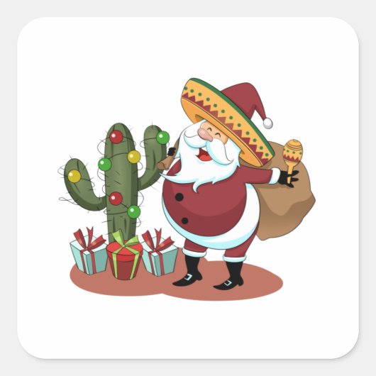 Cartoon cactus en kerstman met een sombrero vierkante sticker (Voorkant)