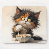 Cartoon Calico Cat Spelen Met Ontbijt Muismat (Voorkant)
