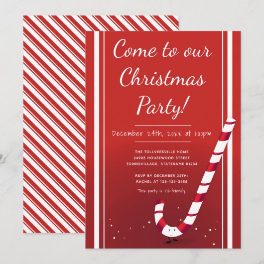 Cartoon Candy Cane | Uitnodiging voor kerstfeest (Voorkant / Achterkant)