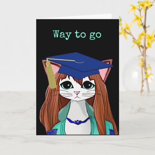 Cartoon Cat Afstuderen Kaart (Gele Bloem)