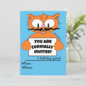 Cartoon Cat Boy's Birthday Party Invitation Blue Kaart (Staand voorkant)