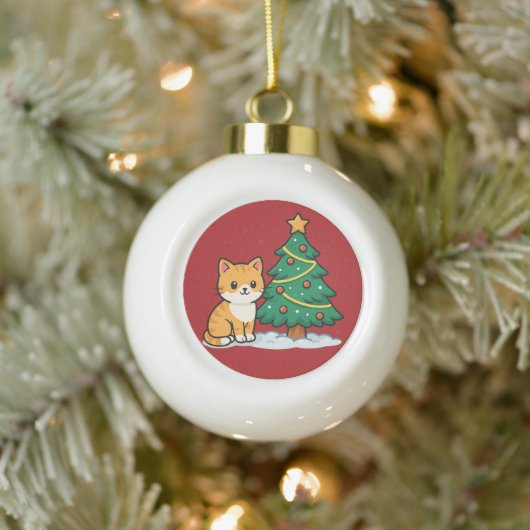 Cartoon Cat by Christmas Tree Snowy Sticker Keramische Bal Ornament (Boom)