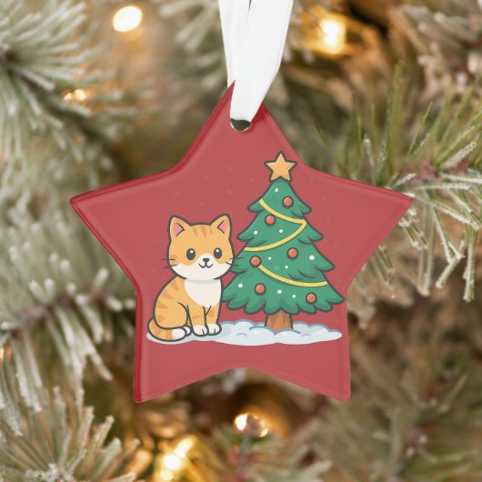 Cartoon Cat by Christmas Tree Snowy Sticker Ornament (Boom)