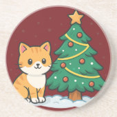 Cartoon Cat by Christmas Tree Snowy Sticker Zandsteen Onderzetter (Voorkant)