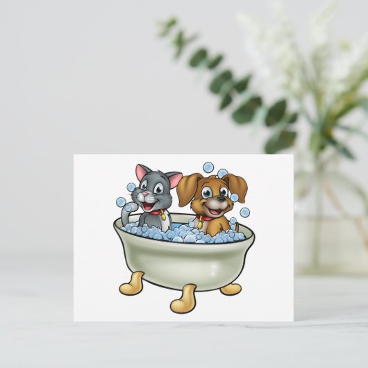 Cartoon Cat en Dog in Bath Briefkaart (Staand voorkant)