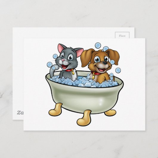 Cartoon Cat en Dog in Bath Briefkaart (Voorkant / Achterkant)