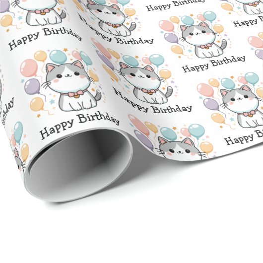 Cartoon Cat en kleurrijke Happy Birthday Cadeaupapier (Rol Hoek)