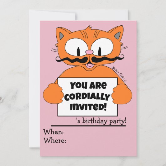 Cartoon Cat Girl's Birthday Party Invitation roze Kaart (Voorkant)