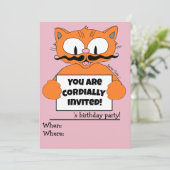 Cartoon Cat Girl's Birthday Party Invitation roze Kaart (Staand voorkant)